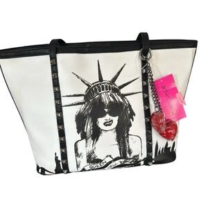 Betsey Johnson Black & White Queen New York Graphic Tote with Red Heart Charm